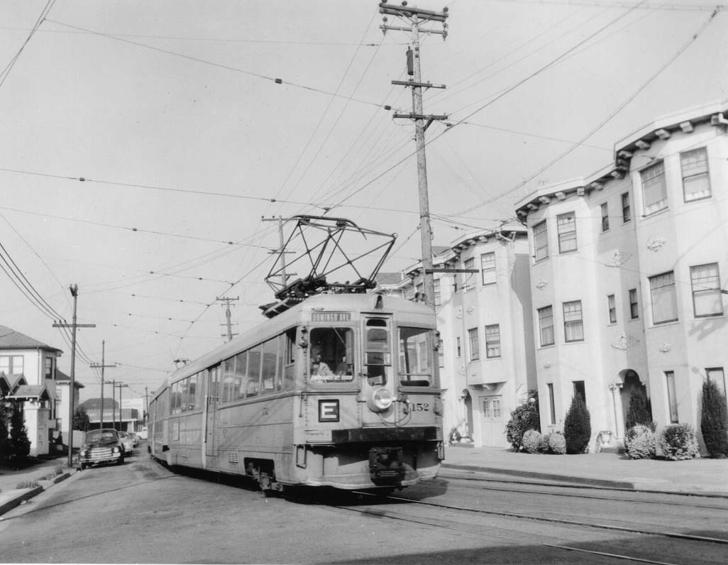 Key152_E
Domingo Ave. bound "E" train on 55th at Vicente St., Oakland in Sept. 1956. Telegraph Ave. is the intersection in the background. John Stashik Collection
