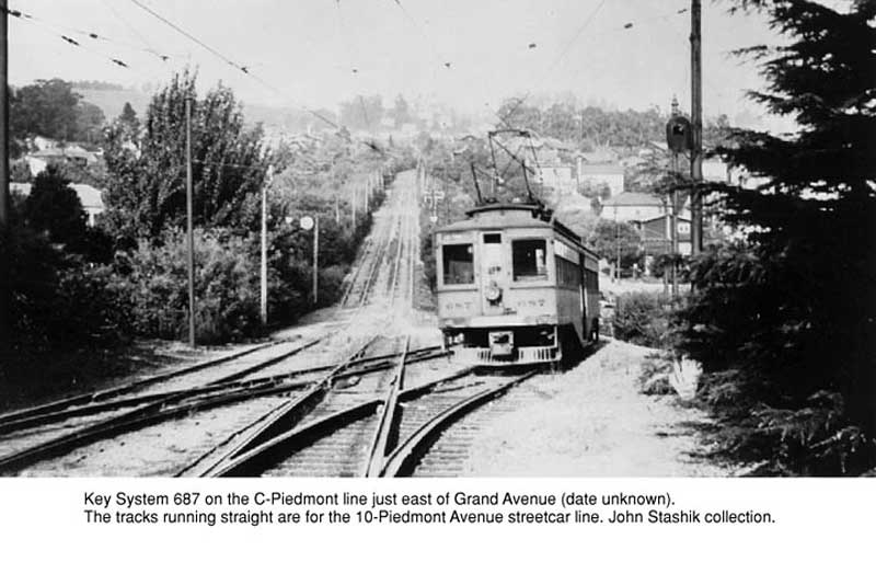 Key687
Descending the hill from Grand Avenue on the C-Piedmont line is Key System 687. <i>Courtesy of John Stashik</i>
