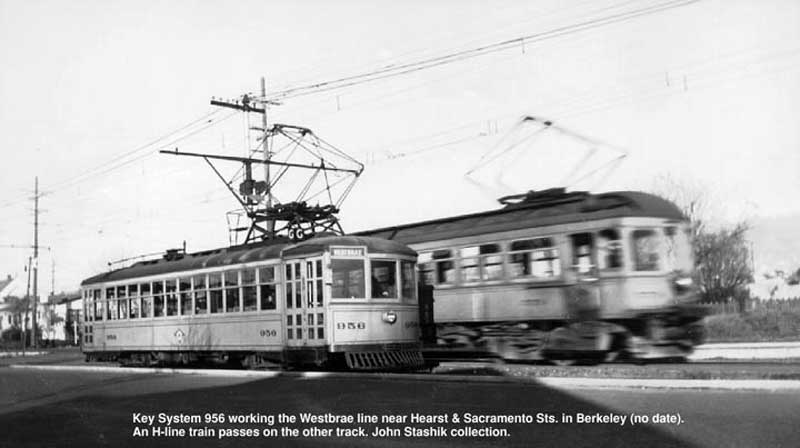 Key956
Key 956 is assigned to the Westbrae line and is shown near Hearst & Sacramento Sts. in Berkeley. The train on the other track is on the H-line. <i>Courtesy of John Stashik</i>
