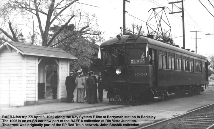 SN1005berryman
Former SN 1005 on Key System F line trackage at Berryman and Henry Streets, Berkeley <i>Courtesy of John Stashik</i>
