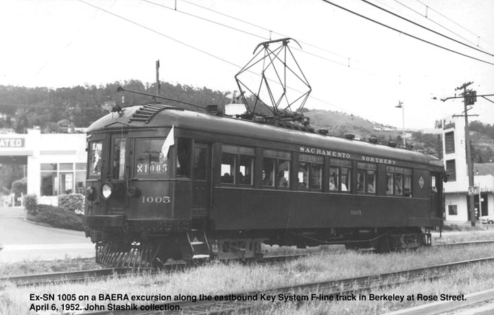 SN1005rose
Former SN 1005, owned by BAERA, on Key System trackage at Rose Street in Berkeley. <i>Courtesy of John Stashik</i>
