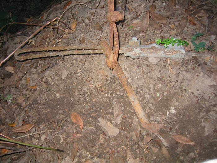 cable3
This location is at the east portal of the tunnel. If you go, while looking at where the tunnel portal was, you'll see a small hillside on the right. These were some mildly rusty guy wires attached to an eye bolt in the ground. If you look at the photo of
