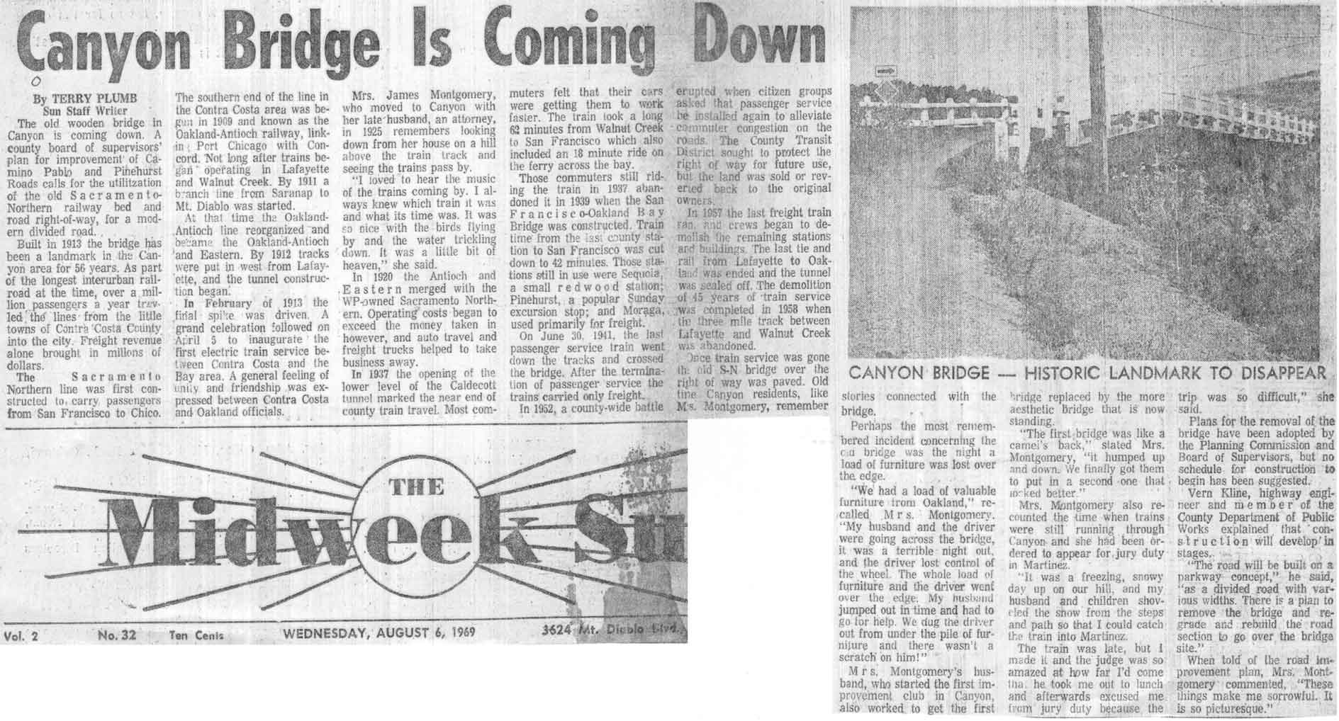 8_6_69
Canyon Bridge Coming Down. The Midweek Sun. August 6th, 1969. Click on large image to view an even larger size. About 250k. Moraga History Center
