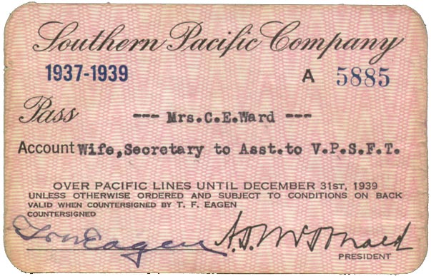 SPpass
Southern Pacific employee pass 1937-39 for Mrs. Clayton E. Ward. <i>Courtesy of John Stashik</i>
